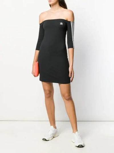 Adidas Originals Striped Off-the-shoulder Cotton-jersey Mini Dress In Black  | ModeSens