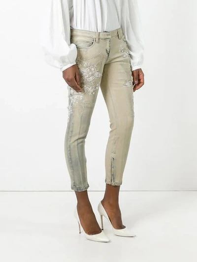 Shop Faith Connexion Beaded Embroidery Cropped Jeans In Neutrals