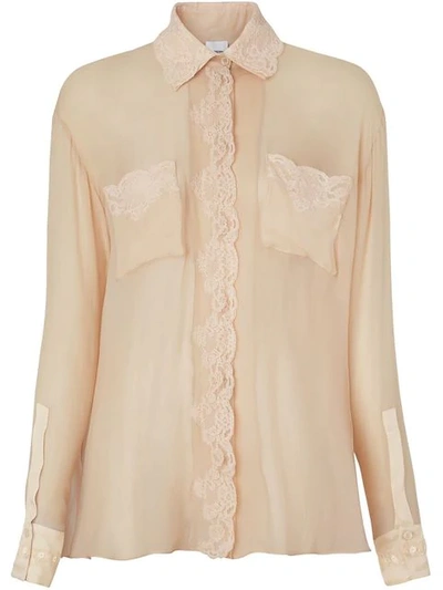 Shop Burberry Lace Detail Silk Chiffon Shirt In Soft Peach