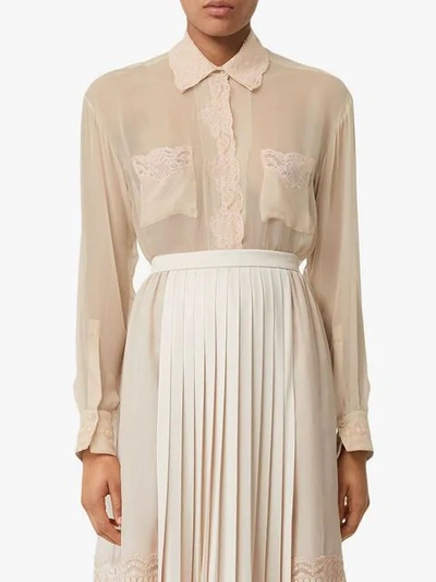 Shop Burberry Lace Detail Silk Chiffon Shirt In Soft Peach