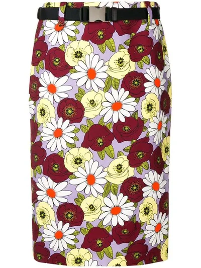 Shop Prada Flower Print Denim Skirt In Purple