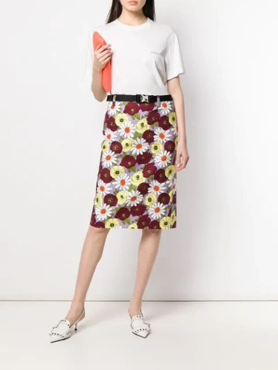 Shop Prada Flower Print Denim Skirt In Purple