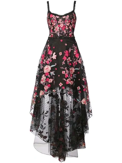 Shop Marchesa Notte Floral Appliqué High Low Gown In Black ,multicolour
