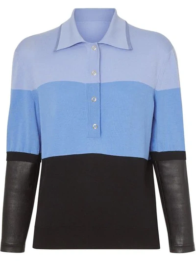 Shop Burberry Long-sleeve Leather Detail Polo Shirt In Blue