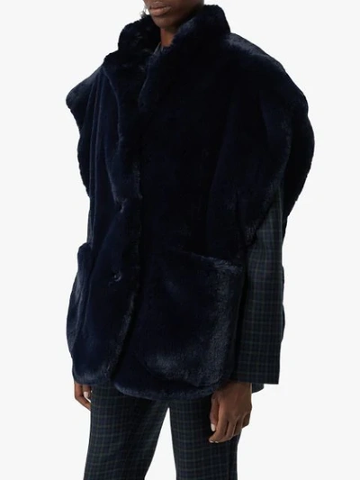 Shop Burberry Stand Collar Faux Fur Cape In Blue