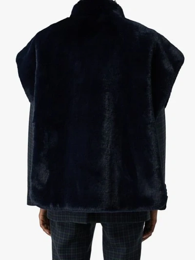 Shop Burberry Stand Collar Faux Fur Cape In Blue