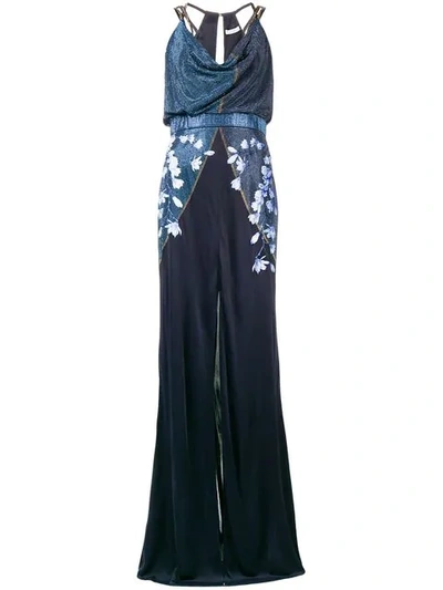 Shop Versace Embellished Floral Long Dress In Blue