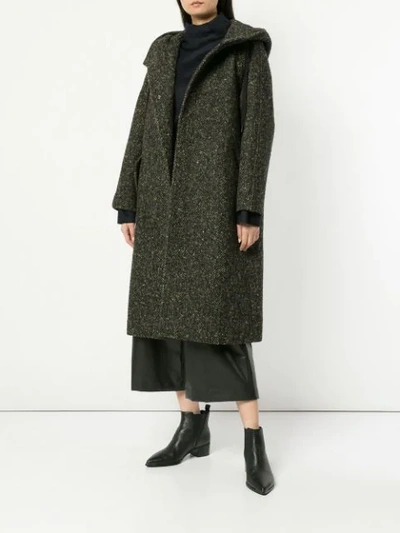 Shop Goen J Hooded Herringbone Coat In Brown