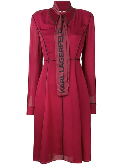 Shop Karl Lagerfeld Logo Bow Flared Dress In Red