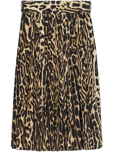 Shop Burberry Leopard Print Stretch Silk Pleated Skirt In Neutrals