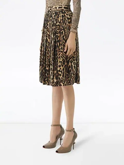 Shop Burberry Leopard Print Stretch Silk Pleated Skirt In Neutrals