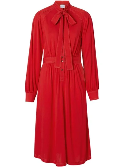 Shop Burberry Topstitch Detail Jersey Tie-neck Dress In Red