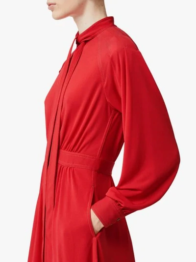 Shop Burberry Topstitch Detail Jersey Tie-neck Dress In Red