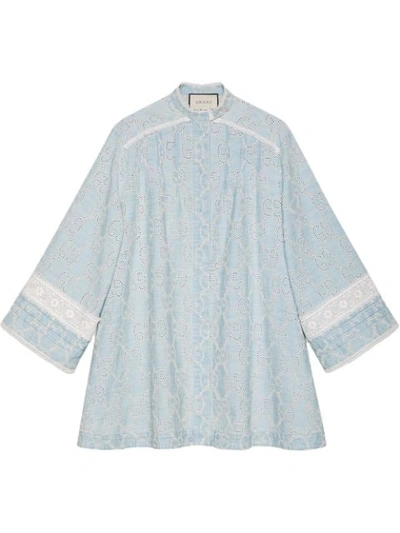 Shop Gucci Gg Embroidered Denim Dress With Lace In Blue