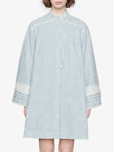 Shop Gucci Gg Embroidered Denim Dress With Lace In Blue