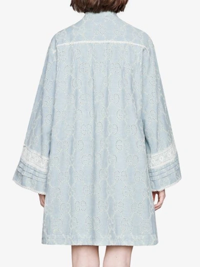 Shop Gucci Gg Embroidered Denim Dress With Lace In Blue