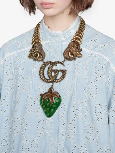 Shop Gucci Gg Embroidered Denim Dress With Lace In Blue