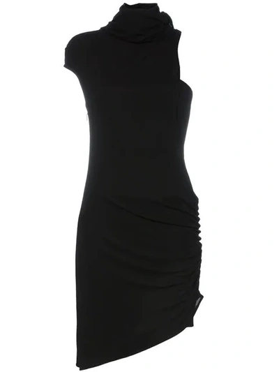 Shop Versace Asymmetric Sleeve Silk Dress In Black