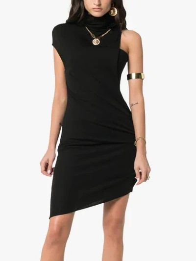 Shop Versace Asymmetric Sleeve Silk Dress In Black