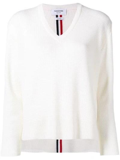 Shop Thom Browne Waffle Knit V In White