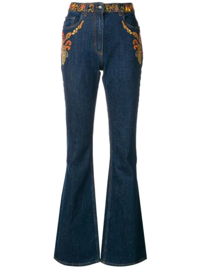 Shop Etro Embroided Flared Jeans - Blue