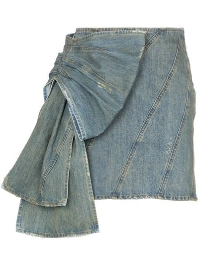 Shop Miu Miu Side Ruffle Bow Detail Denim Mini Skirt In Blue
