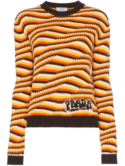 Shop Prada Geometric Striped Cashmere Knit Jumper In Brown ,orange