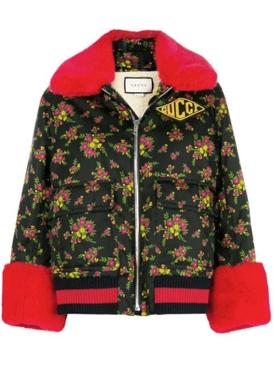 Gucci Bomber Jacket With Faux Fur Trim In Bk/fuxia/yel Prt/mul | ModeSens