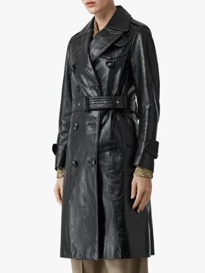 Shop Burberry D-ring Detail Crinkled Leather Trench Coat In Black