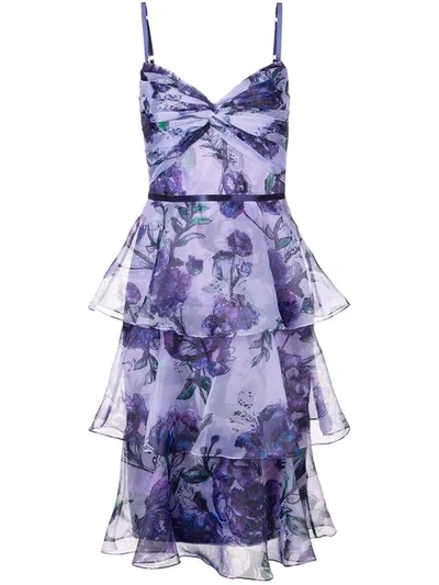 Shop Marchesa Notte Tiered Floral Dress In Purple