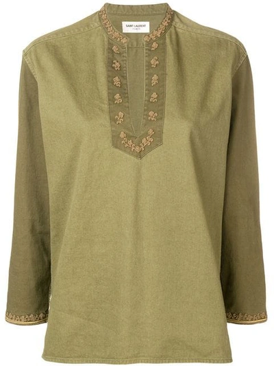 Shop Saint Laurent Embroidered Cotton Gabardine Tunic In Green