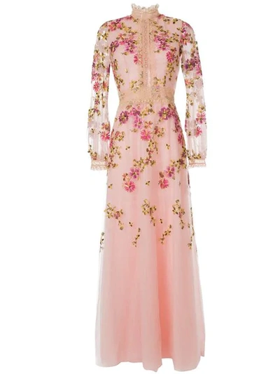 Shop Costarellos Flower-embroidered Gown In Pink