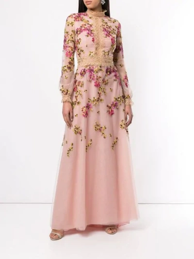 Shop Costarellos Flower-embroidered Gown In Pink