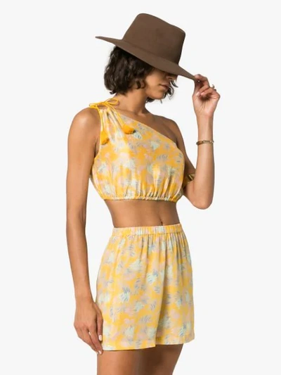 Shop A Peace Treaty Yuna One-shoulder Print Silk Linen-blend Top In Yellow