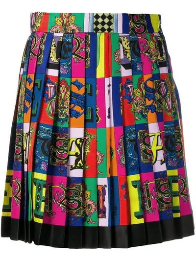 Shop Versace Logo Print Pleated Mini Skirt In A7000 Multicolor