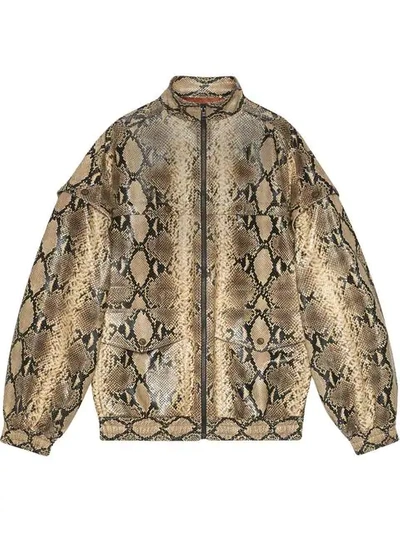 Shop Gucci Python Print Leather Bomber In Neutrals