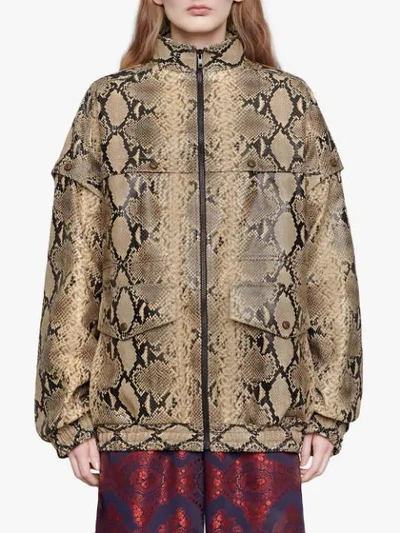 Shop Gucci Python Print Leather Bomber In Neutrals