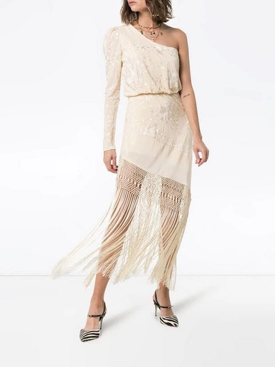 Shop Johanna Ortiz Sevillana Tan Sonriente Fringed Silk Dress In Neutrals