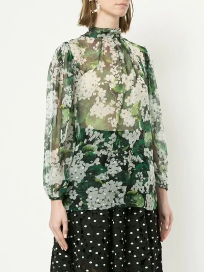 Shop Dolce & Gabbana White Geranium Printed Pussybow Blouse In Green