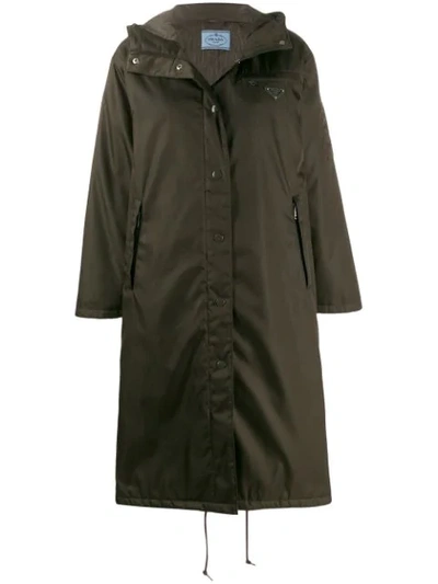 Shop Prada Hooded Gabardine Style Coat In Green