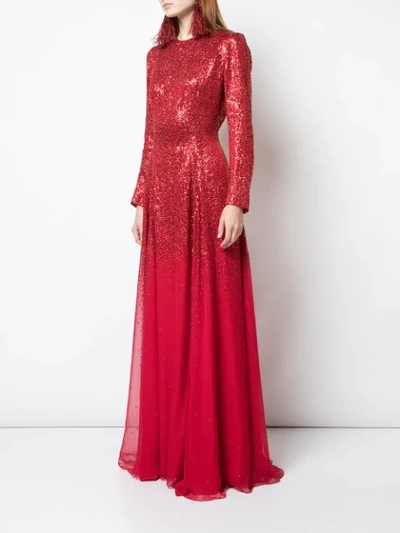 Shop Oscar De La Renta Long-sleeved Gown With Degradé Sequins In Tomato/tomato