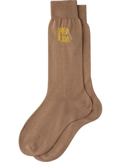 Shop Prada Logo Embroidered Socks - Brown