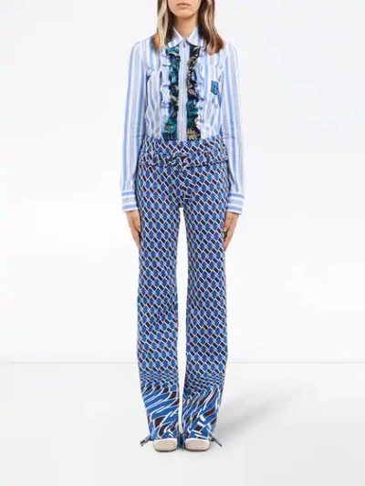 Shop Prada Geometric Print Straight Trousers In Blue