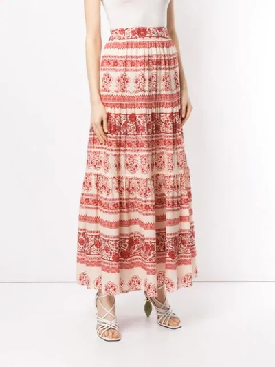 Shop Johanna Ortiz Printed Tiered Maxi Skirt In Campari/ecru