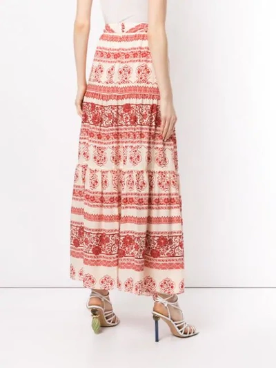 Shop Johanna Ortiz Printed Tiered Maxi Skirt In Campari/ecru