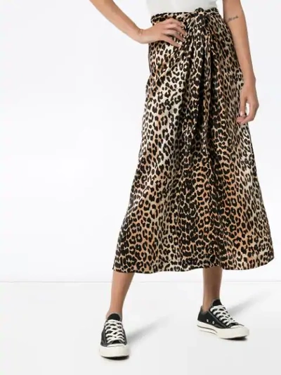 Shop Ganni Leopard Print Tie Midi Skirt In Brown