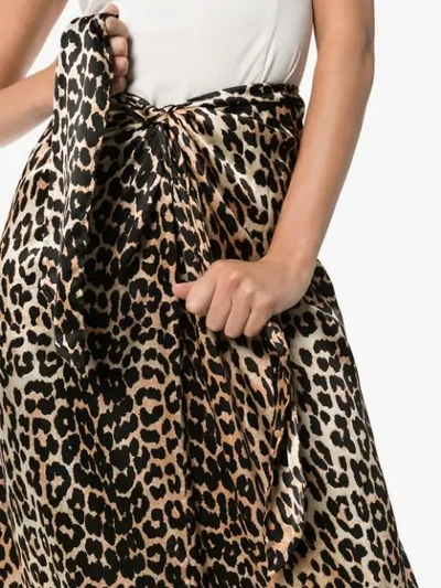 Shop Ganni Leopard Print Tie Midi Skirt In Brown