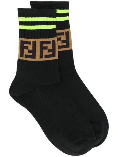 Shop Fendi Ribbed Ff Logo Ankle Socks In F0300 Black