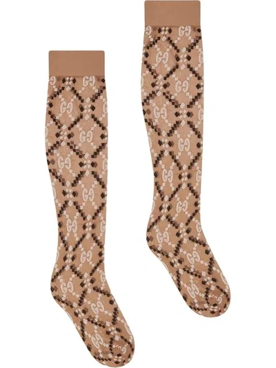 Shop Gucci Gg Diamond Jacquard Socks In Neutrals