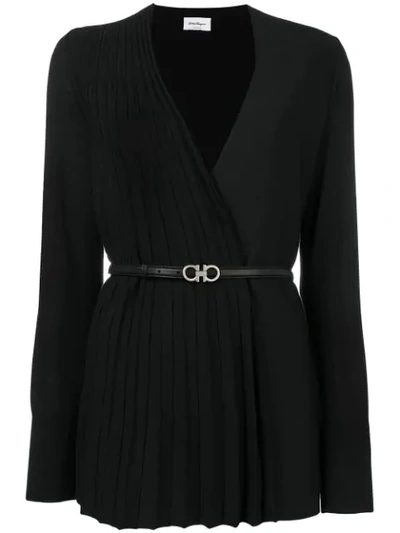 Shop Ferragamo Pleated Panel Belted Cardigan In Black